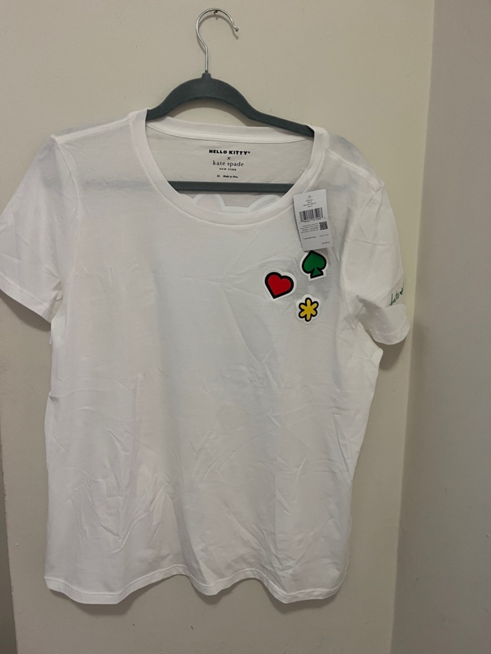 Hello Kitty & kate spade White Tee with Red Heart & Green Club Patches, NWT